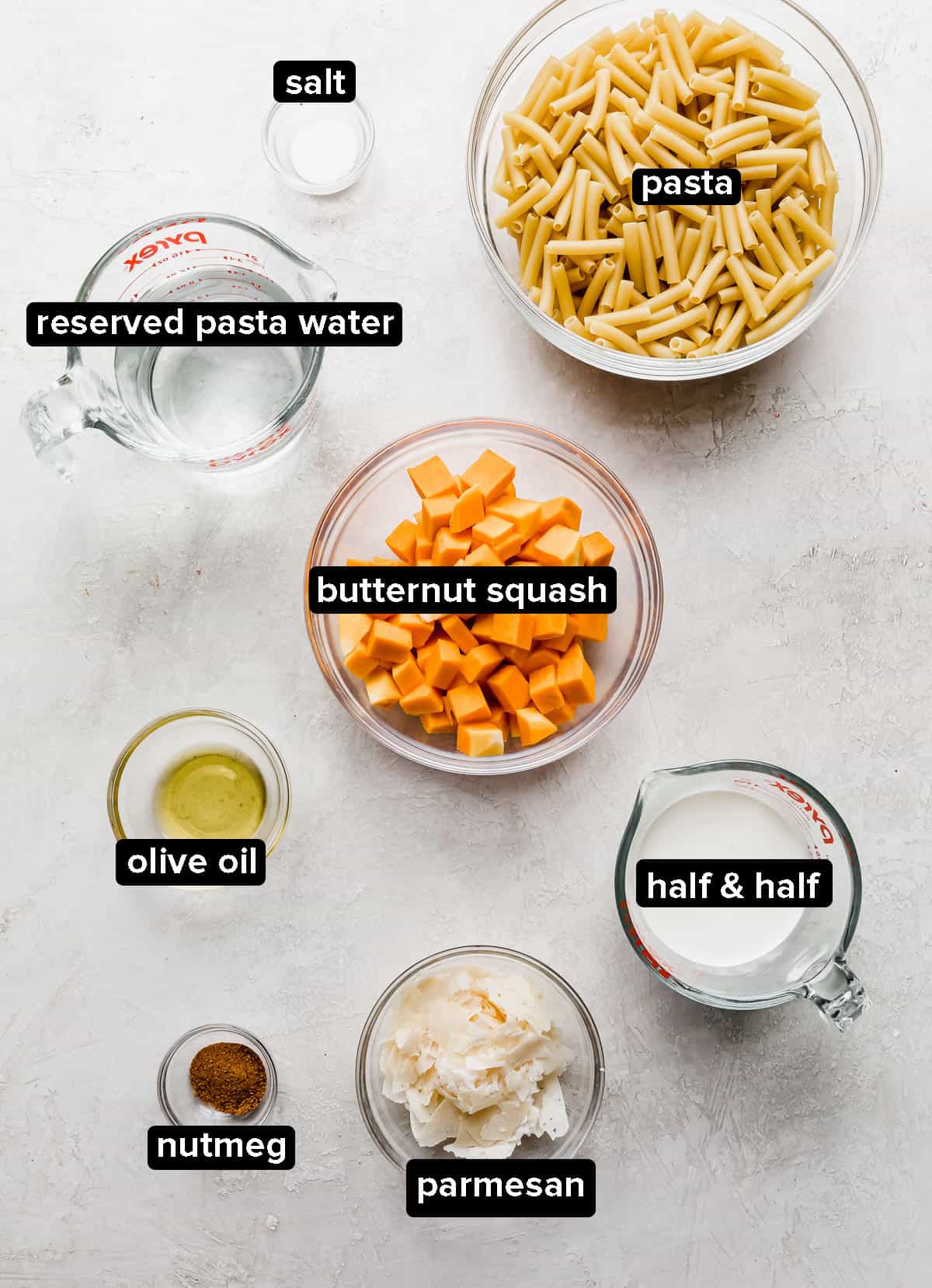 Roasted Butternut Squash Pasta ingredients on a white background.