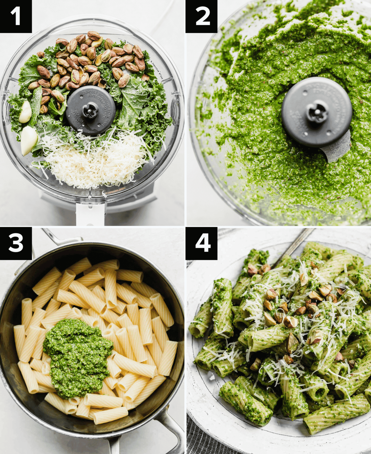 Four images showing how to make kale pesto, then adding it to cooked pasta, and tossing to coat.