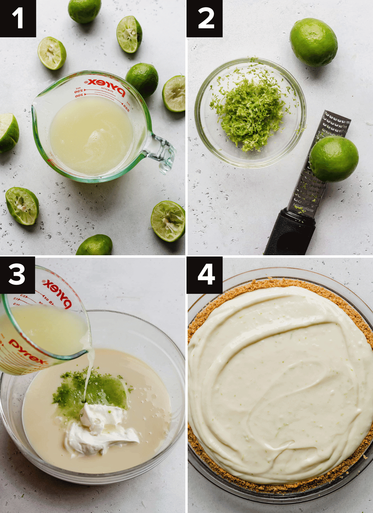 Four images showing how to make key lime pie with sour cream, using fresh key limes, sweetened condensed milk, sour cream.