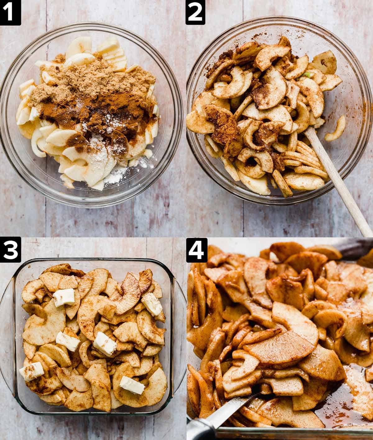 Four photos showing how to make the best Cinnamon Baked Apples.