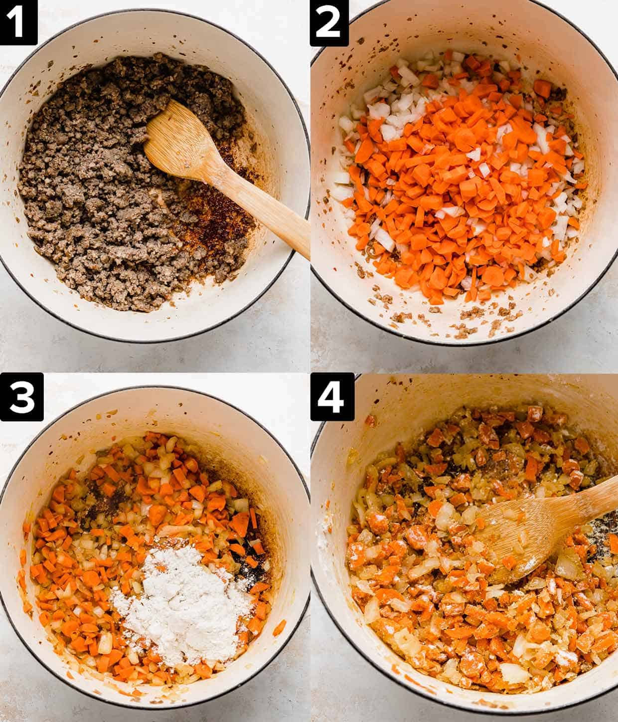 Four photos illustrating how to make Sausage Tortellini Soup.