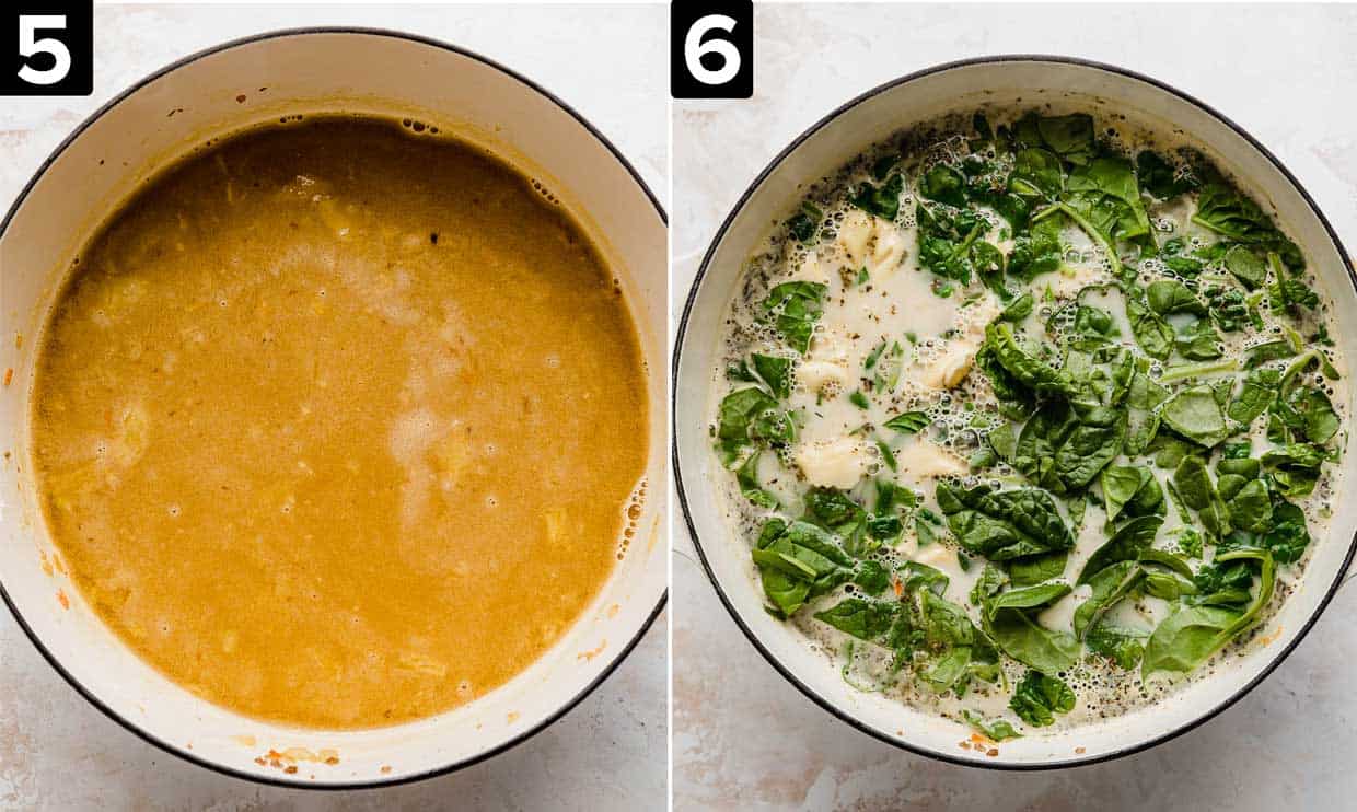 Two photos, left photo is a white pot filled with chicken broth, right photo has tortellini and spinach and sausage in a white pot.
