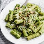 Rigatoni noodles tossed in kale pesto, garnished with chopped pistachios and parmesan.