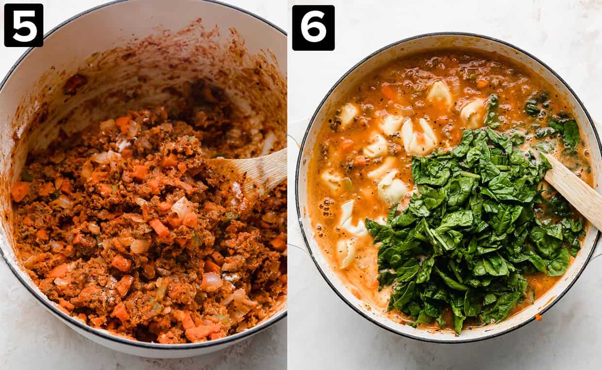 Two photos showing the making of a creamy tomato tortellini soup: left photo has browned sausage, carrots, onions covered in tomato paste, rich photo has tortellini and spinach in the pot.