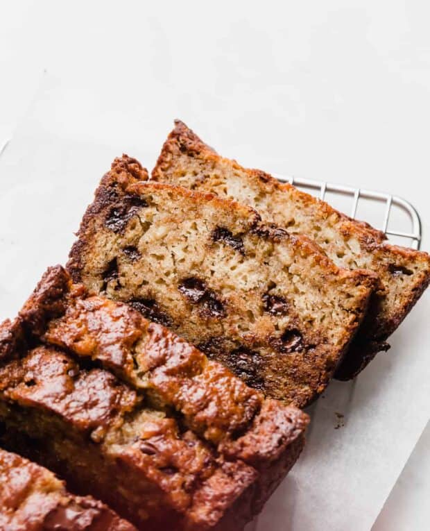 Slices of Chocolate Chip Banana Bread against a white background.