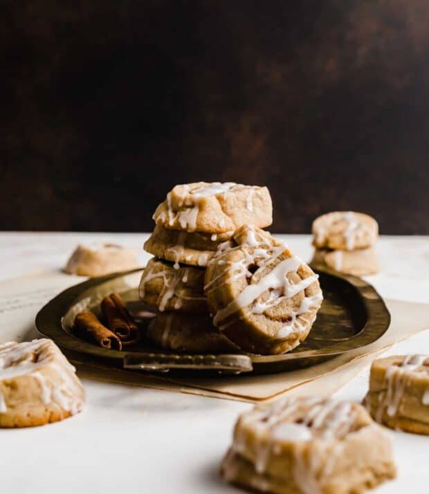 Cinnamon Roll Cookies on a bronze platter.
