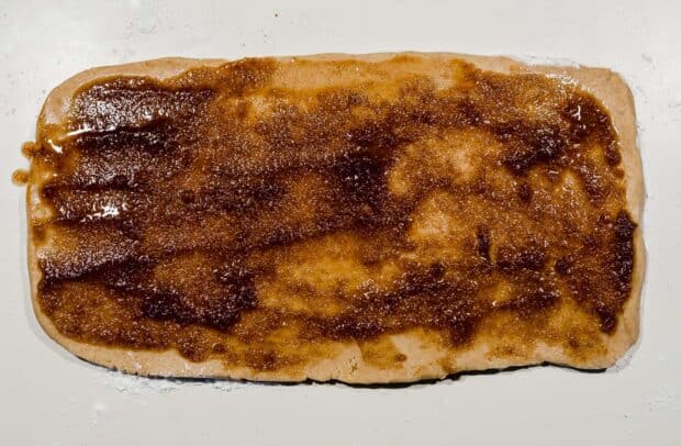 A rectangle piece of cookie dough batter covered in a cinnamon sugar mixture.