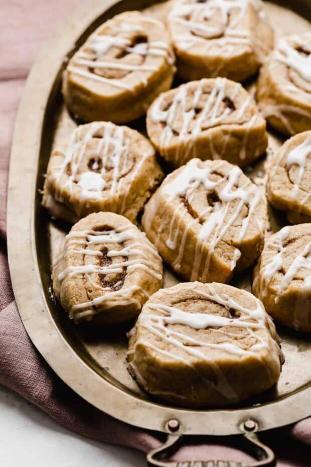 Cinnamon Roll Cookies on a bronze platter.