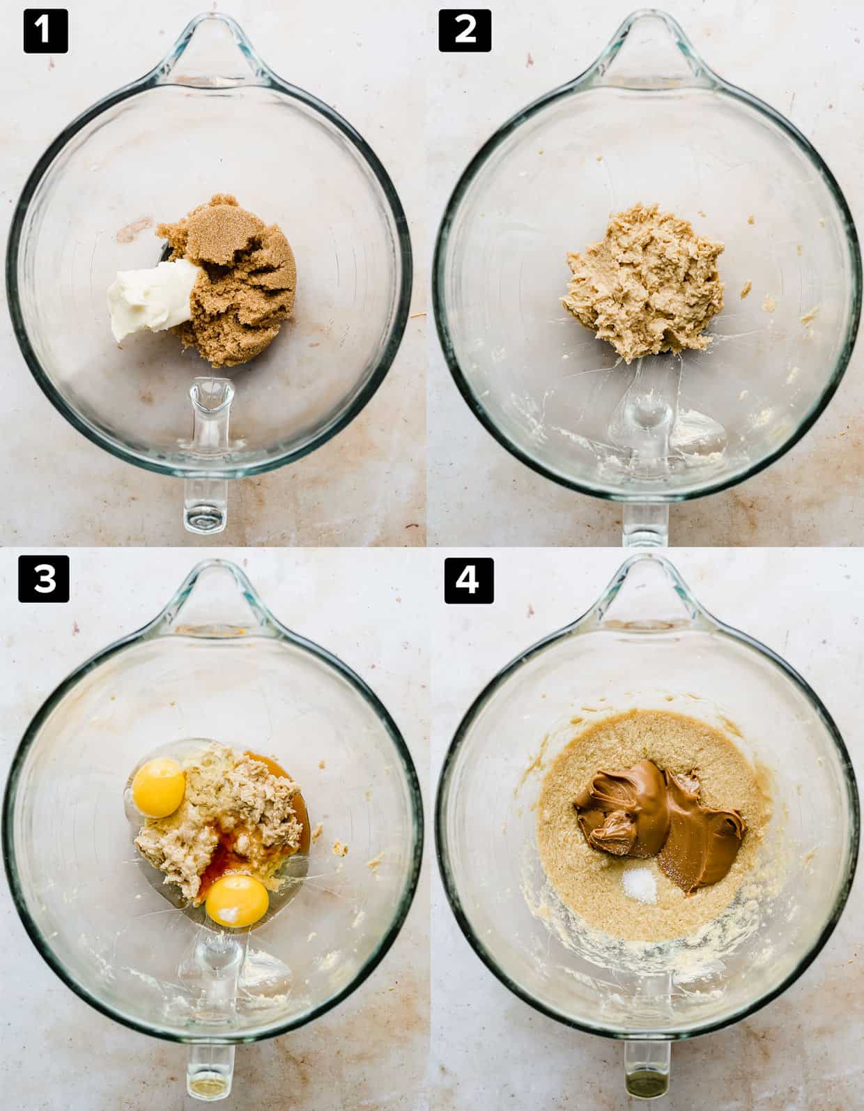 A four photo collage of a glass bowl with various Biscoff Brownie ingredients being added to the bowl.