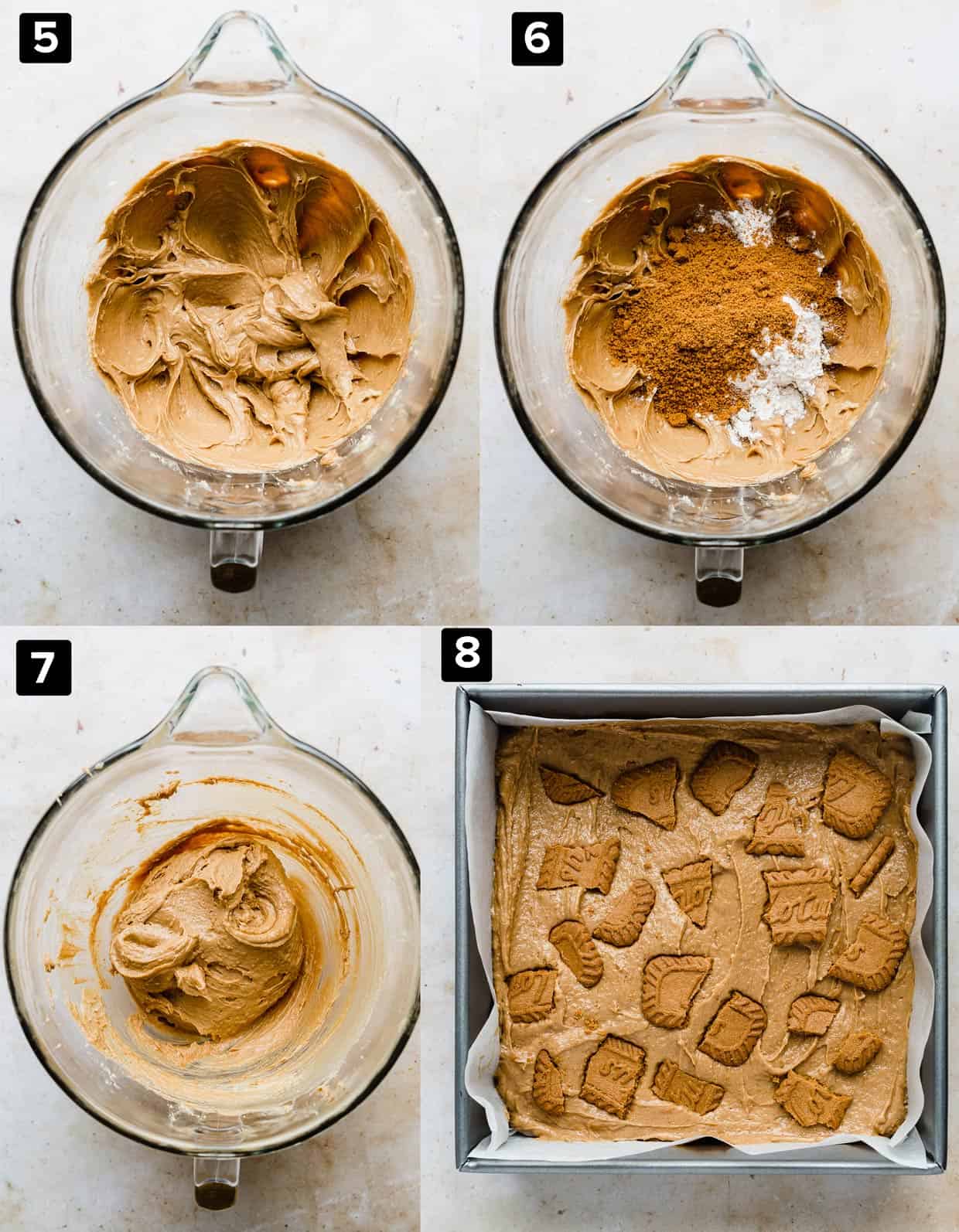A four photo process collage of Biscoff Brownies in the making.