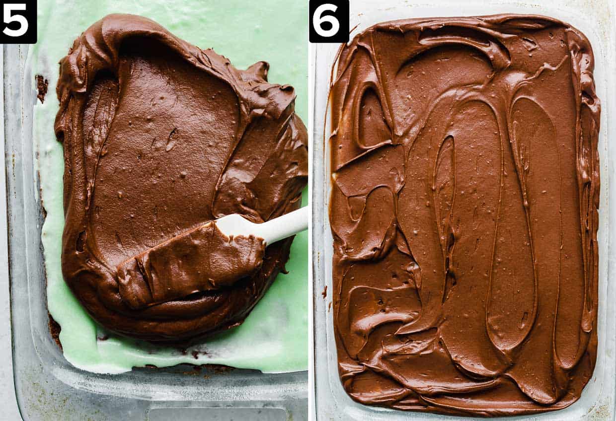 Chocolate frosting being spread overtop BYU Mint Brownies.
