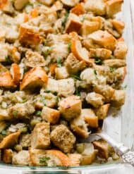 Homemade Thanksgiving Stuffing in a casserole dish.
