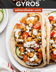 Easy Chickpea Gyros on a white plate with the words, "Chickpea Gyros" written in white text above the bean gyros.