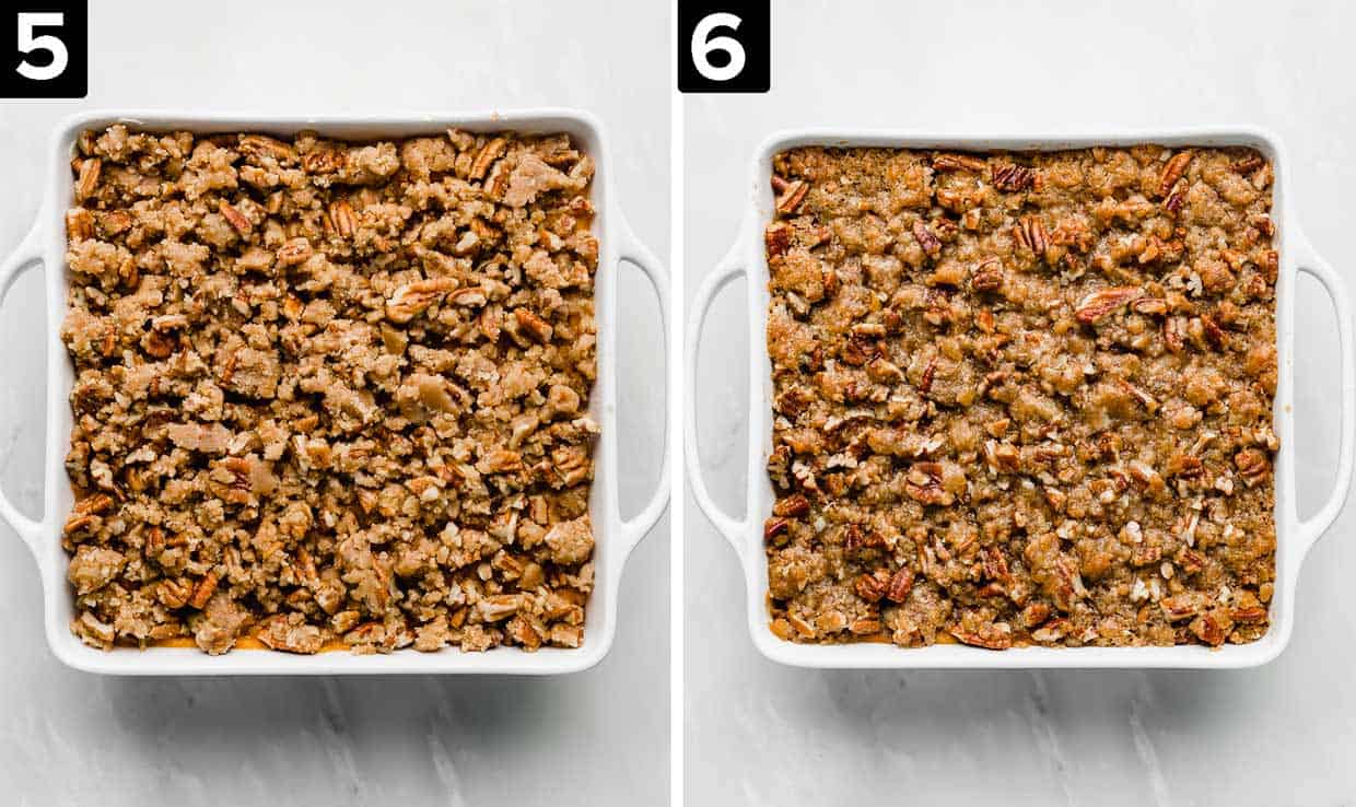 Two photos side by side of Easy Sweet Potato Casserole in a white square baking dish.