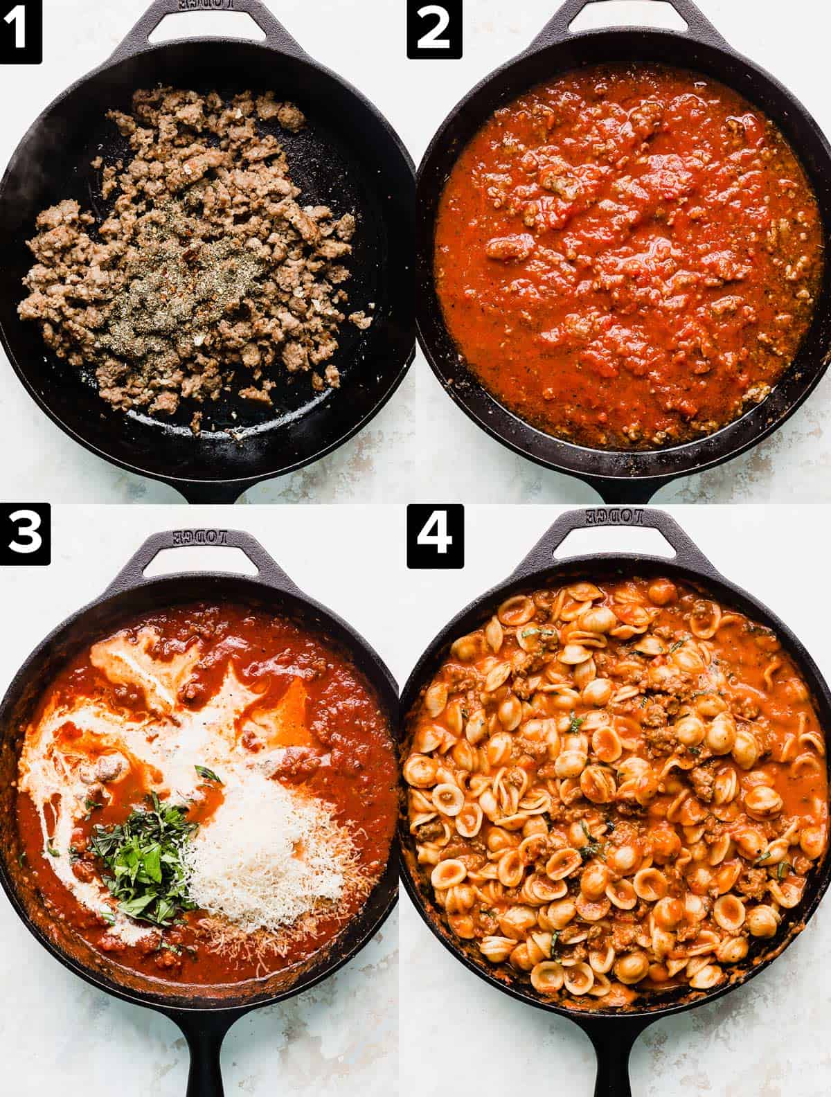 Four images showing how to make the best bolognese sauce in a skillet.