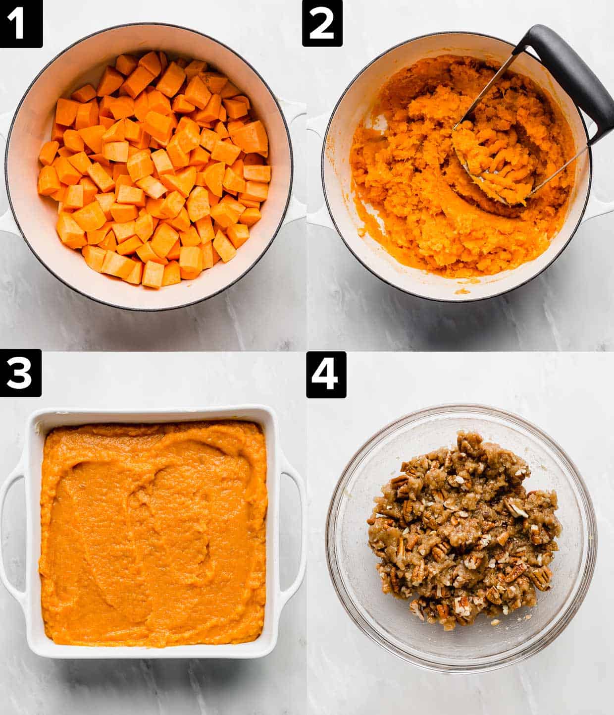Four photos showing how to make the best easy sweet potato casserole recipe: orange yams in a pot, mashed sweet potatoes in a pot, mashed mixture in a square baking dish, pecan crumble in a glass bowl.