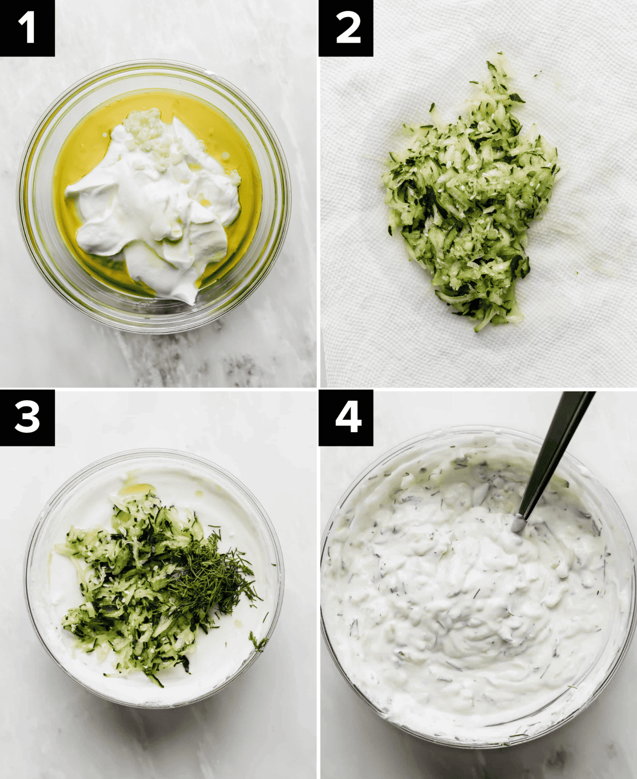 Four images showing how to make authentic Tzatziki sauce, top left is greek yogurt in bowl with olive oil, top right is shredded cucumber on a white paper towel, bottom left image shows shredded cucumber and dill over greek yogurt, bottom right is Tzatziki Recipe in a glass bowl.