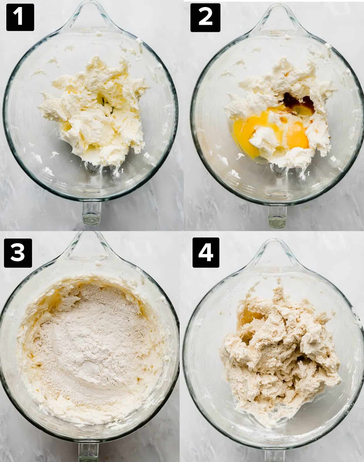 A four photo collage of a glass mixing bowl with Snickerdoodle Recipe ingredients being added and mixed.