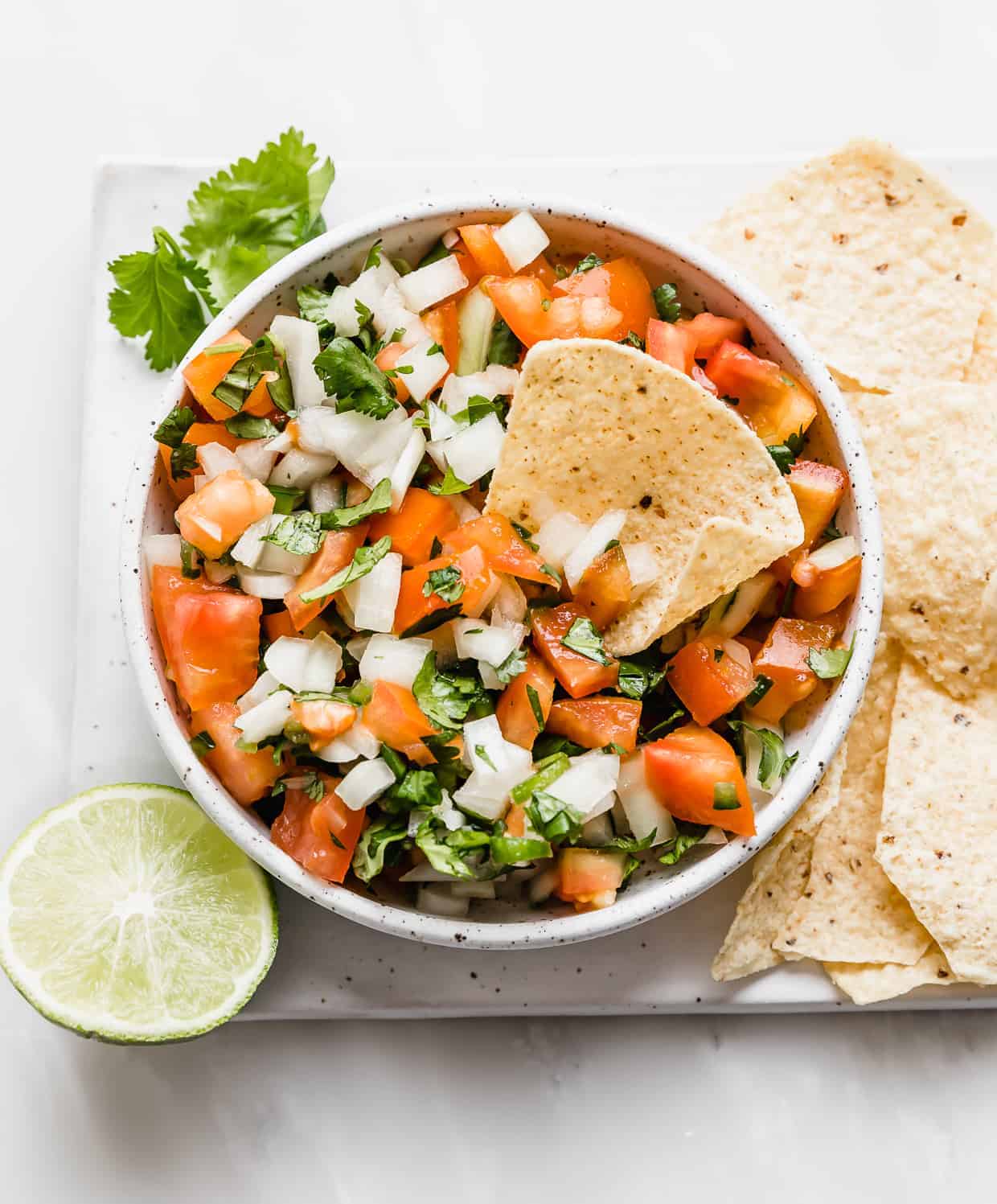 A tortilla chip in a bowl of Pico de Gallo, against a white background.