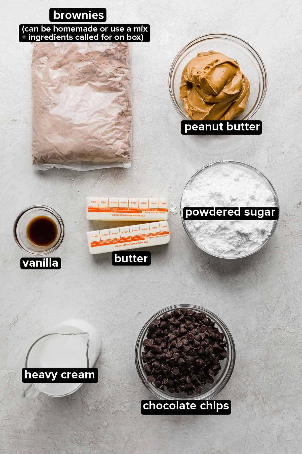 Buckeye Brownies ingredients portioned into glass bowls on a light gray background.