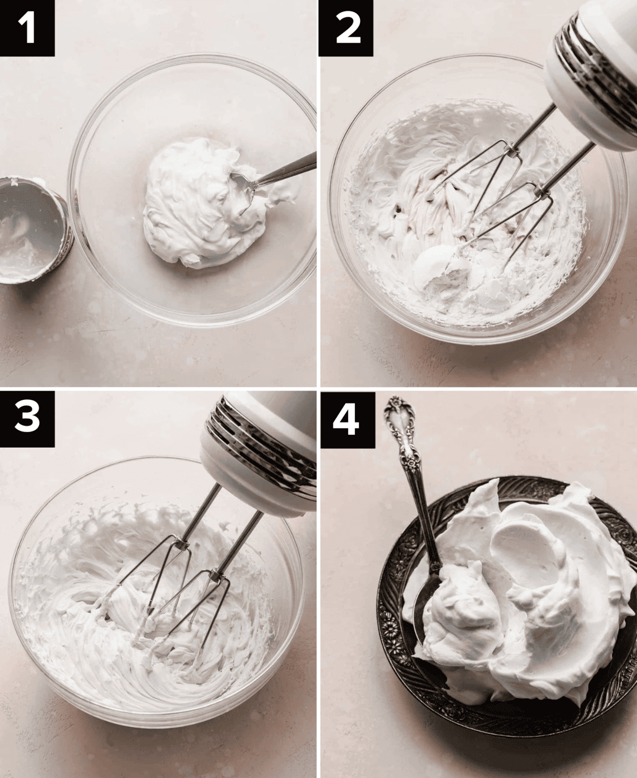 Four photos showing the process of how to make Coconut Whipped Cream, top left image is canned coconut milk in a glass bowl, top right is coconut milk mixed with powdered sugar and vanilla in a glass bowl, bottom left image is Coconut Whipped Cream in a glass bowl, bottom right image is Coconut Whipped Cream on a black plate.