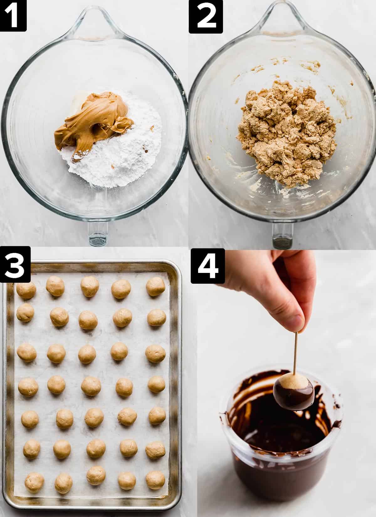 Four photos illustrating how to make chocolate peanut butter Buckeyes balls.