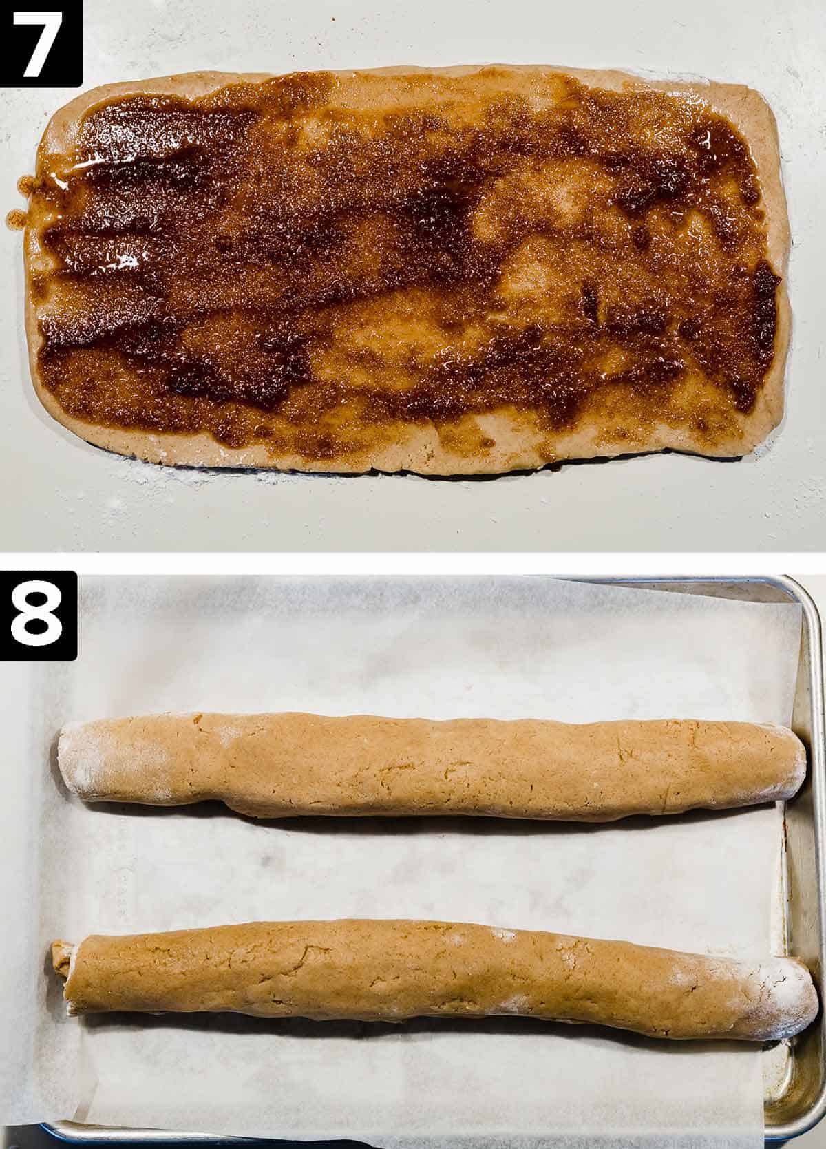 Cinnamon Roll Cookie dough rolled into a rectangle with cinnamon sugar mixture spread overtop, bottom photo shows the dough rolled into a log.