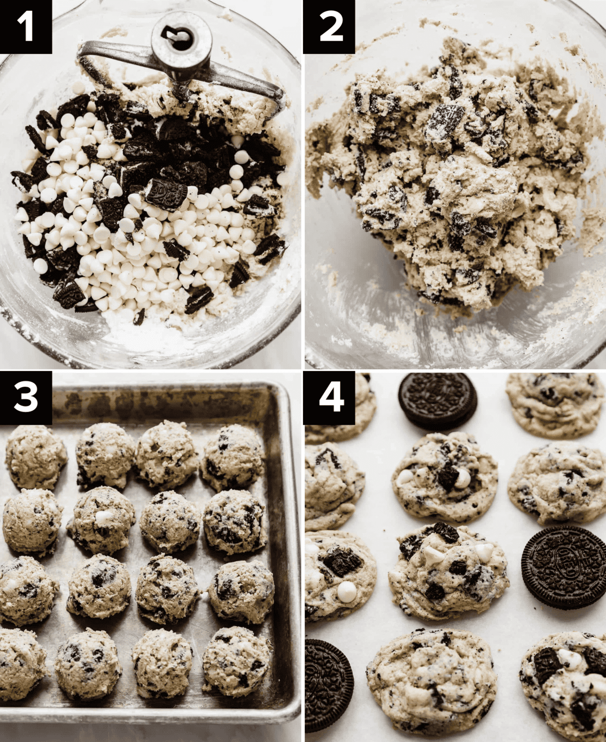 Four images showing how to make Cookies and Cream Cookies with pudding mix.
