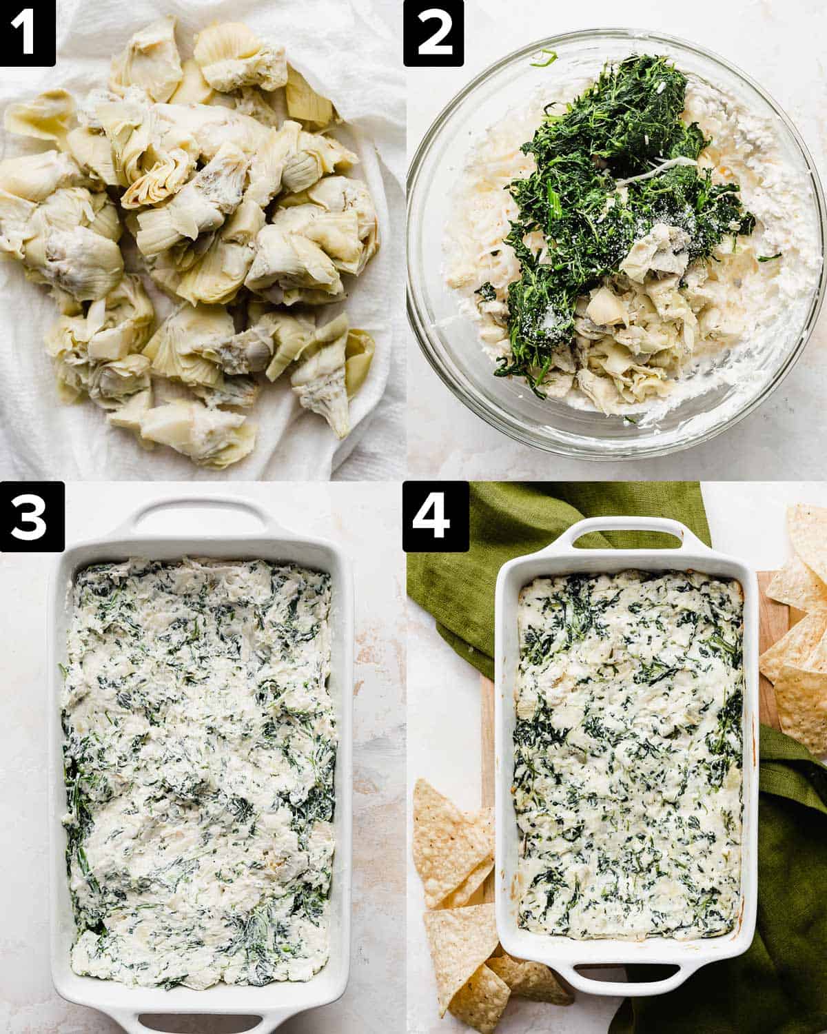 Four images showing how to make Hot Spinach Artichoke Dip in a small white rectangular pan.