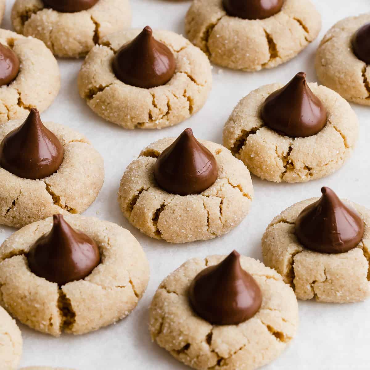 Peanut Butter Blossoms cookies on a white background.