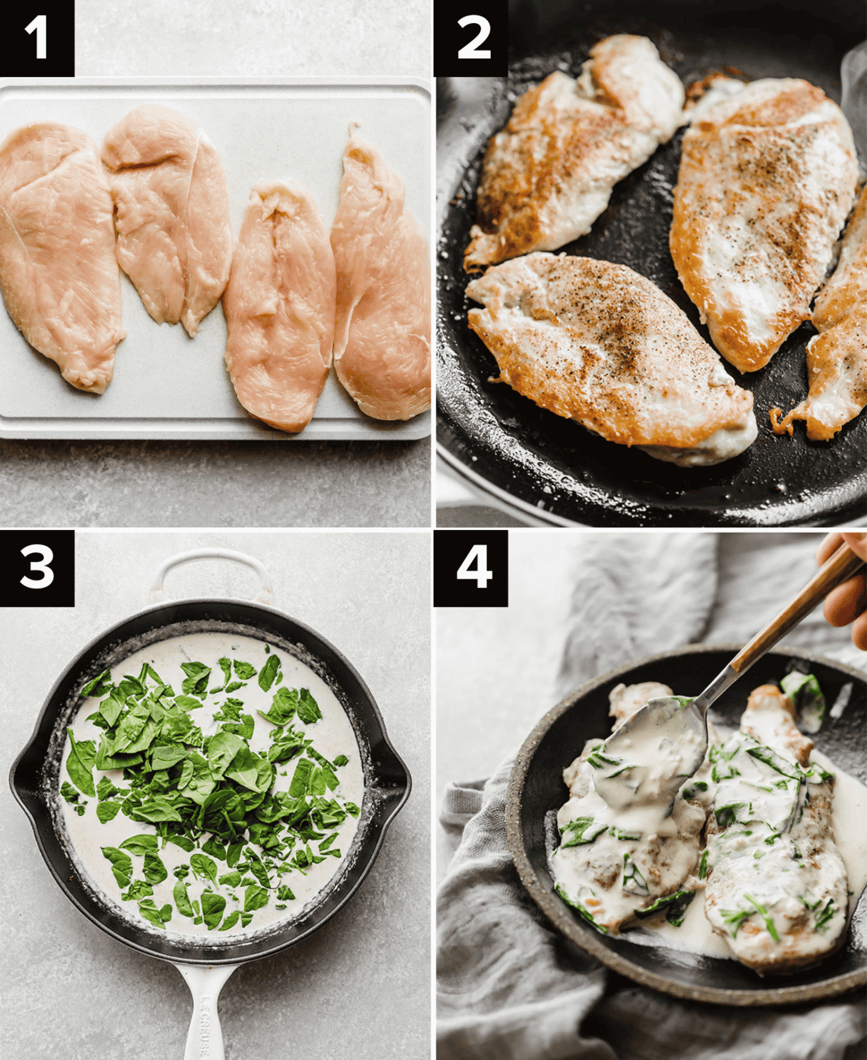 Four images showing how to make creamy chicken dijon, top left image is raw chicken breast on white cutting board, top right image is chicken cooked in skillet, bottom left image is fresh spinach in a white sauce in a skillet, bottom right image is Chicken Dijon Recipe on a black plate.