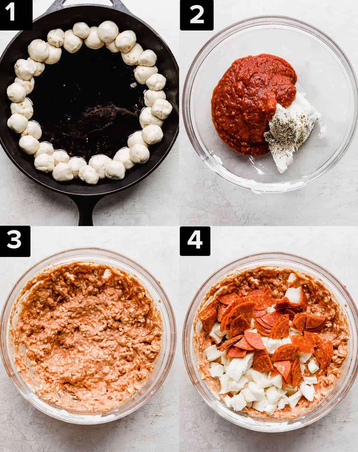 Four images showing how to make Pepperoni Pizza Dip in a skillet.