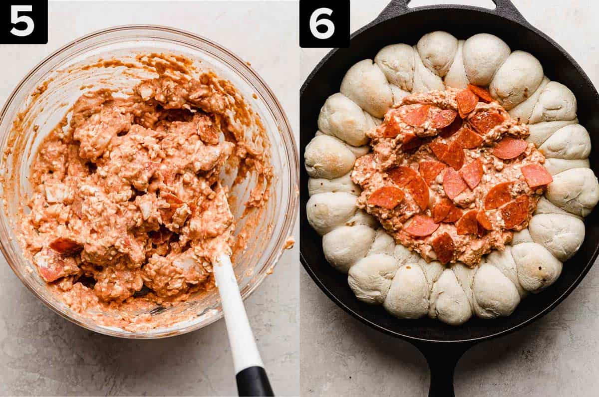 Left image is cream cheese pizza dip mixture in a glass bowl, right image is pizza dip surrounded by pizza roll balls.
