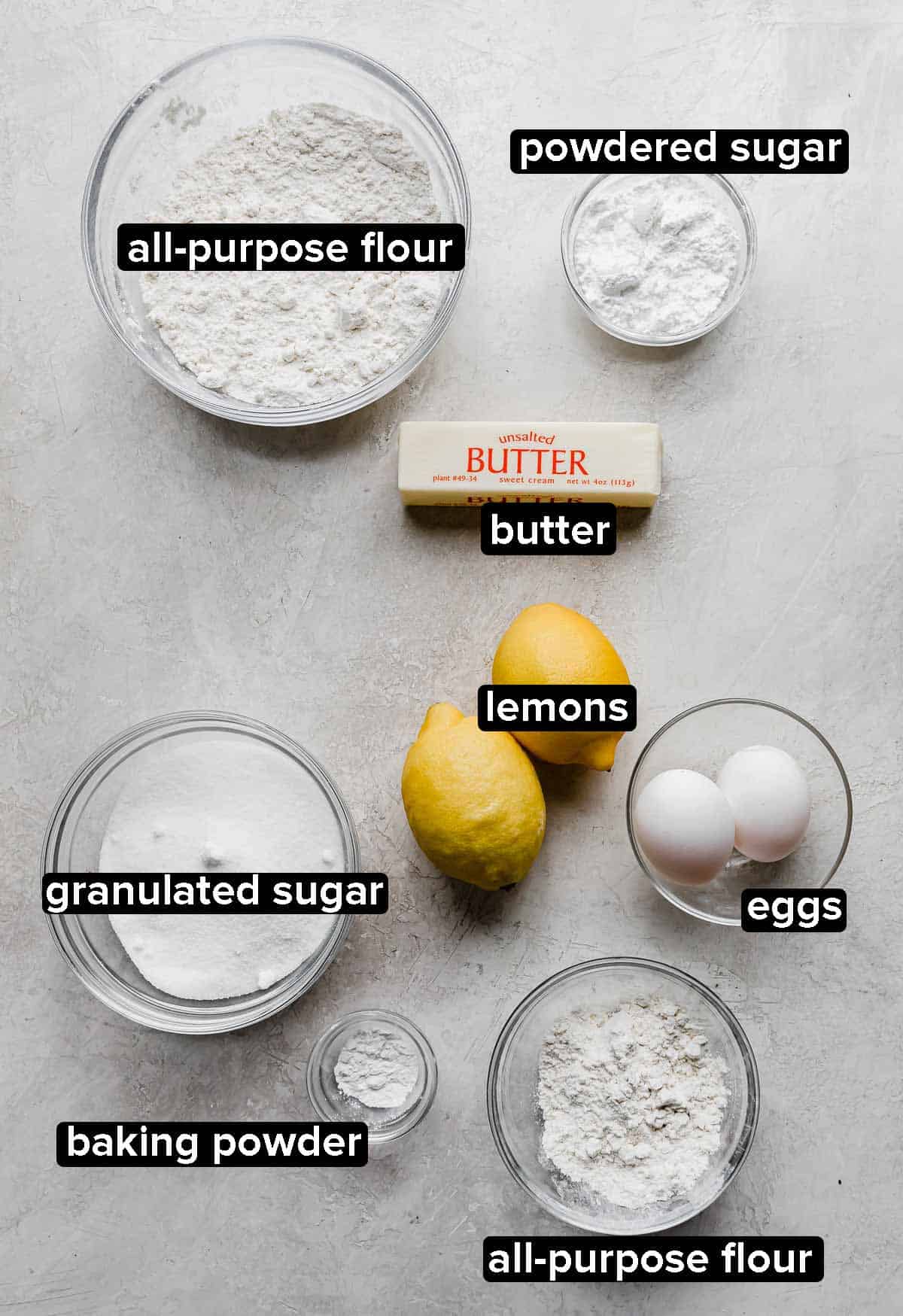 Lemon Bars ingredients on a light gray background.