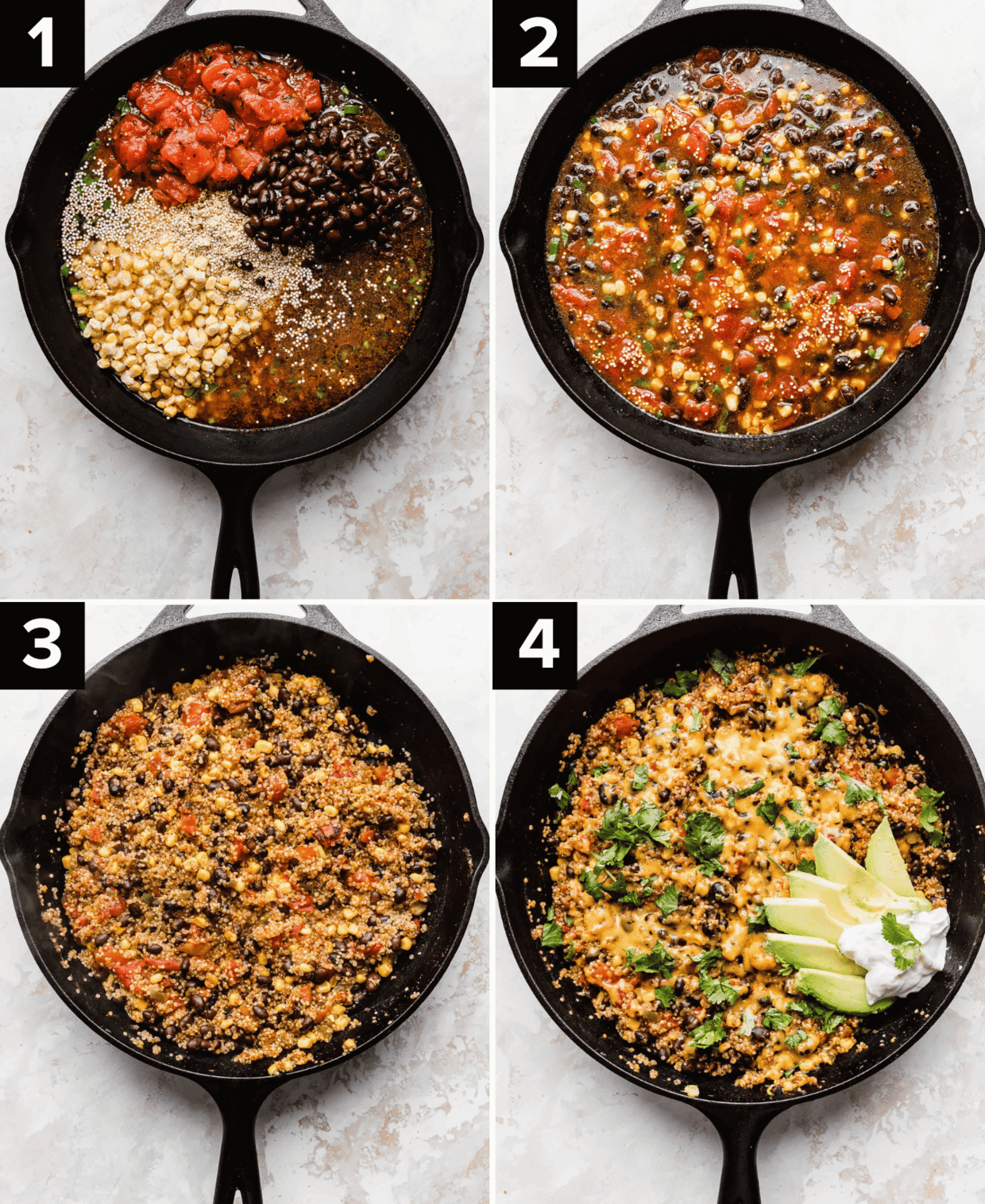 Four images showing how to make a skillet Mexican Quinoa recipe.