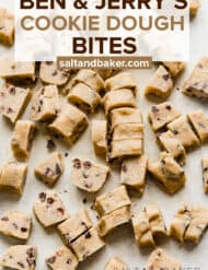 edible chocolate chip cookie dough bites on a gray cutting board.