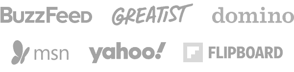 Press logos: BuzzFeed, Greatest, Domino, MSN, Yahoo, Flipboard