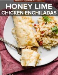 A chicken enchilada on a white plate.