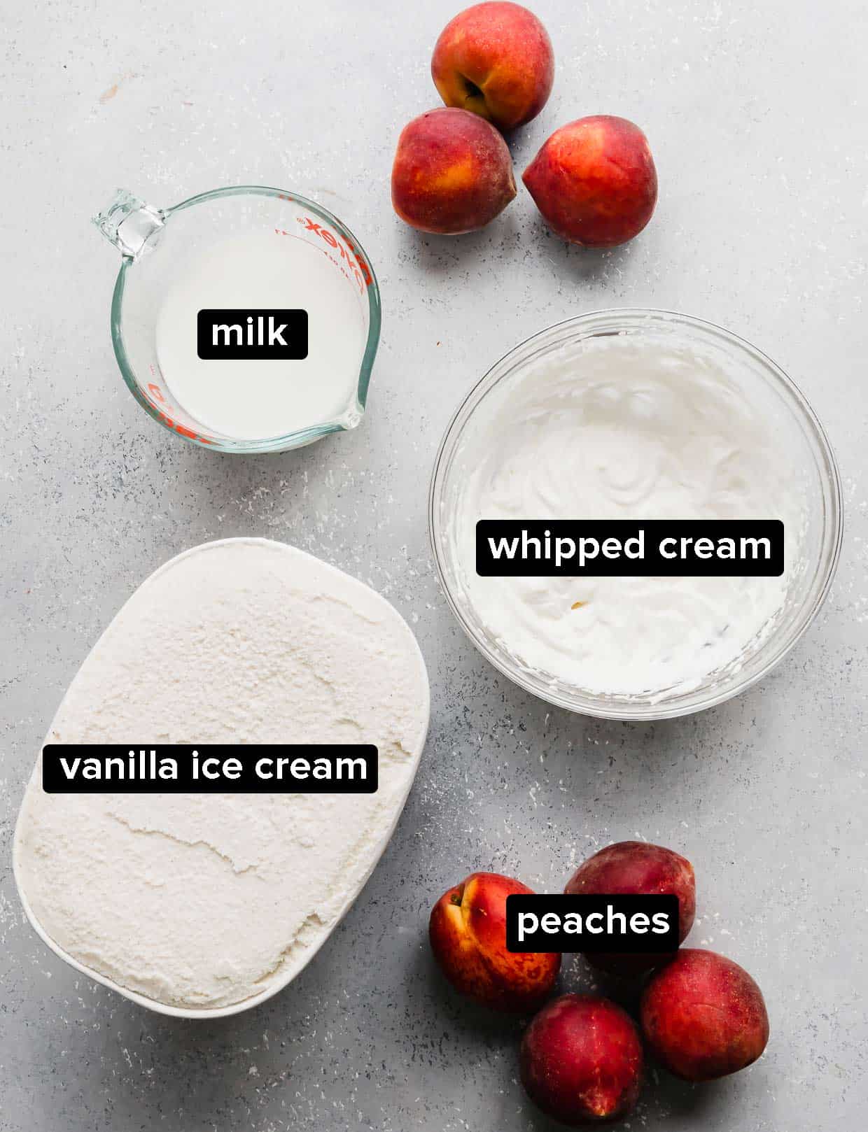 Ingredients used to make a peach milkshake.