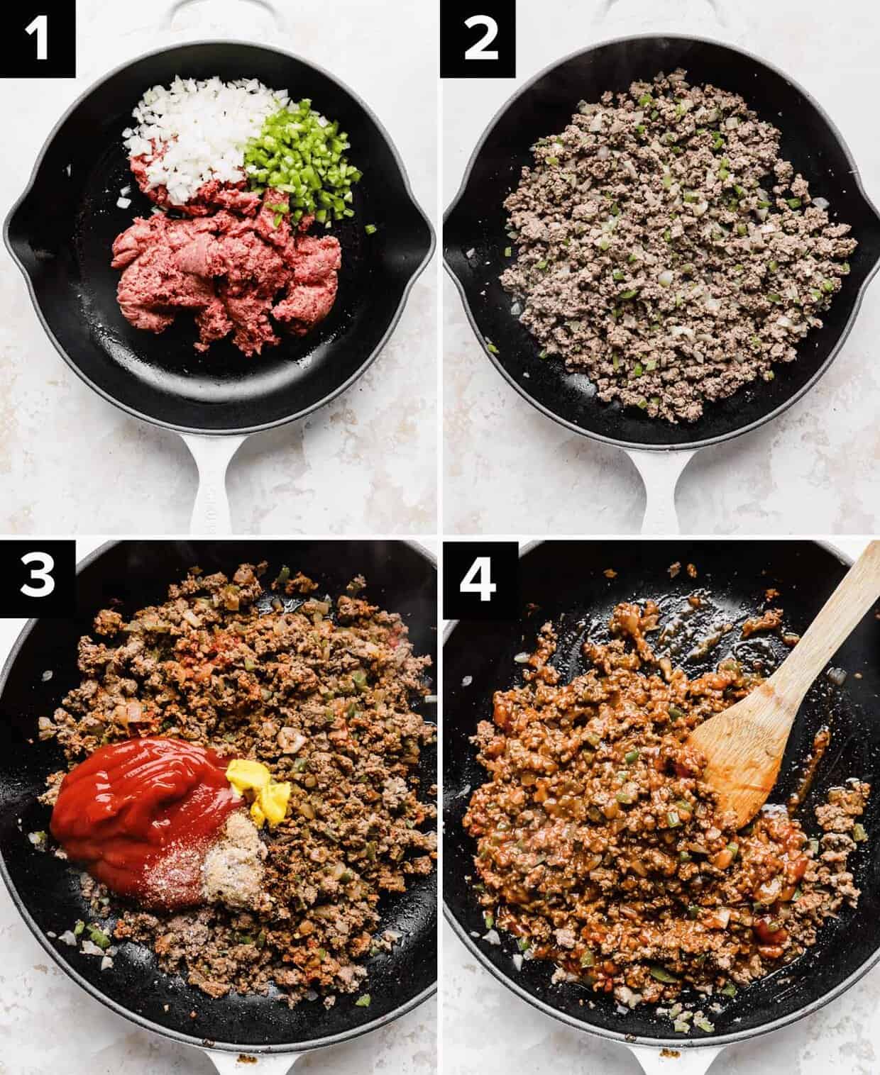 Four photos showing how to make homemade sloppy Joe mix with ketchup, ground beef, mustard, bell pepper, and other seasonings.