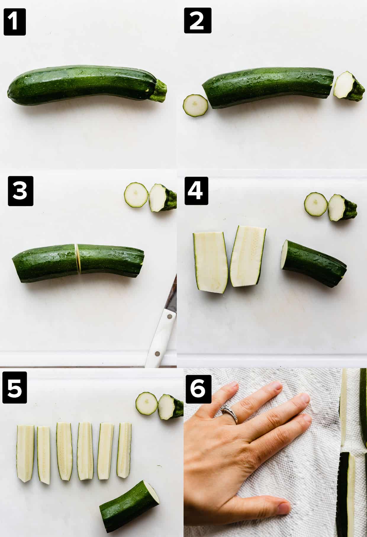 Six photos showing how to cut zucchini fries.