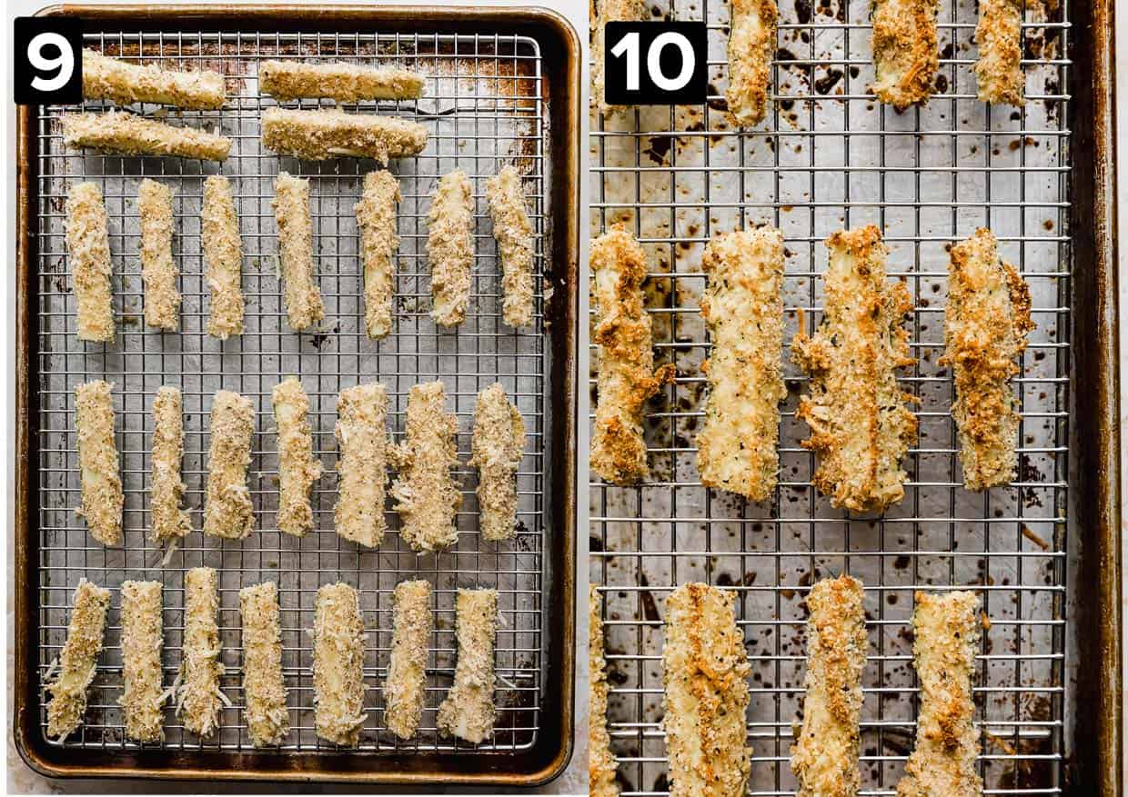 Baking sheet with coated zucchini fries on it.