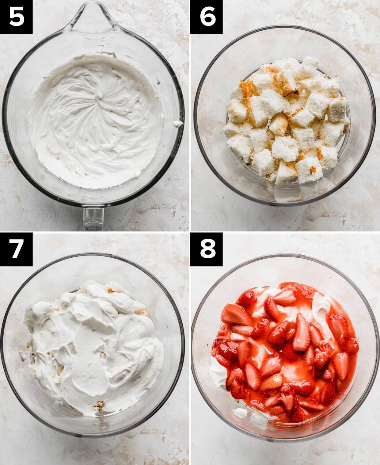 Four photos illustrating the making of a Strawberry Shortcake Trifle recipe: greek yogurt whipped cream in glass bowl (top left), cubed angel food cake in a trifle bowl (top right), cream layered over angel food cake cubes (bottom left), strawberry sauce in a trifle dish (bottom right).
