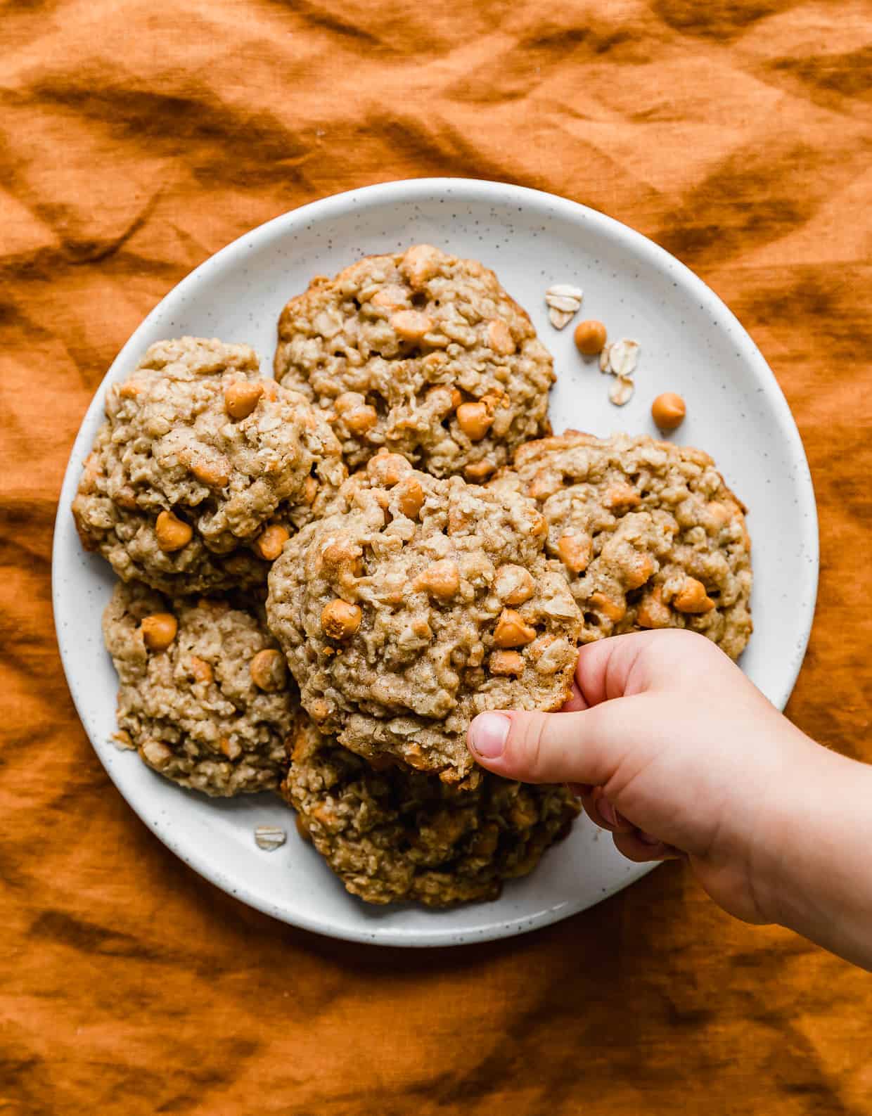 A hand grabbing an Oatmeal Butterscotch Cookie from a white plate.