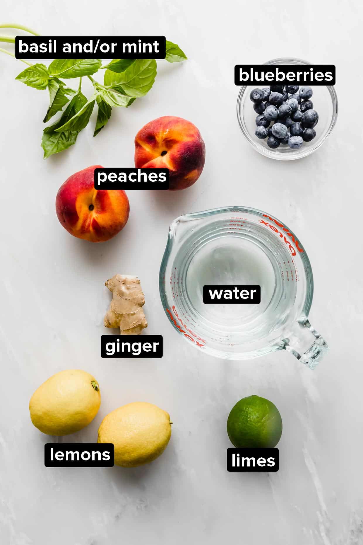 Ingredients and fruits used to make peach infused water.