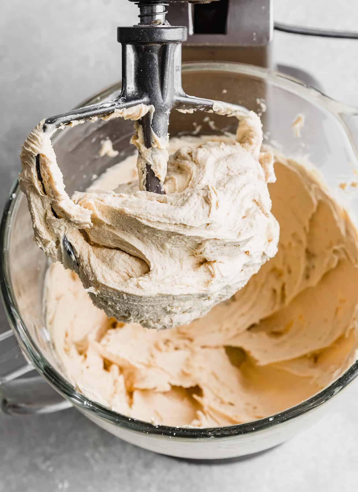 Peanut Butter Frosting on the paddle attachment of a kitchenmaid stand mixer. 