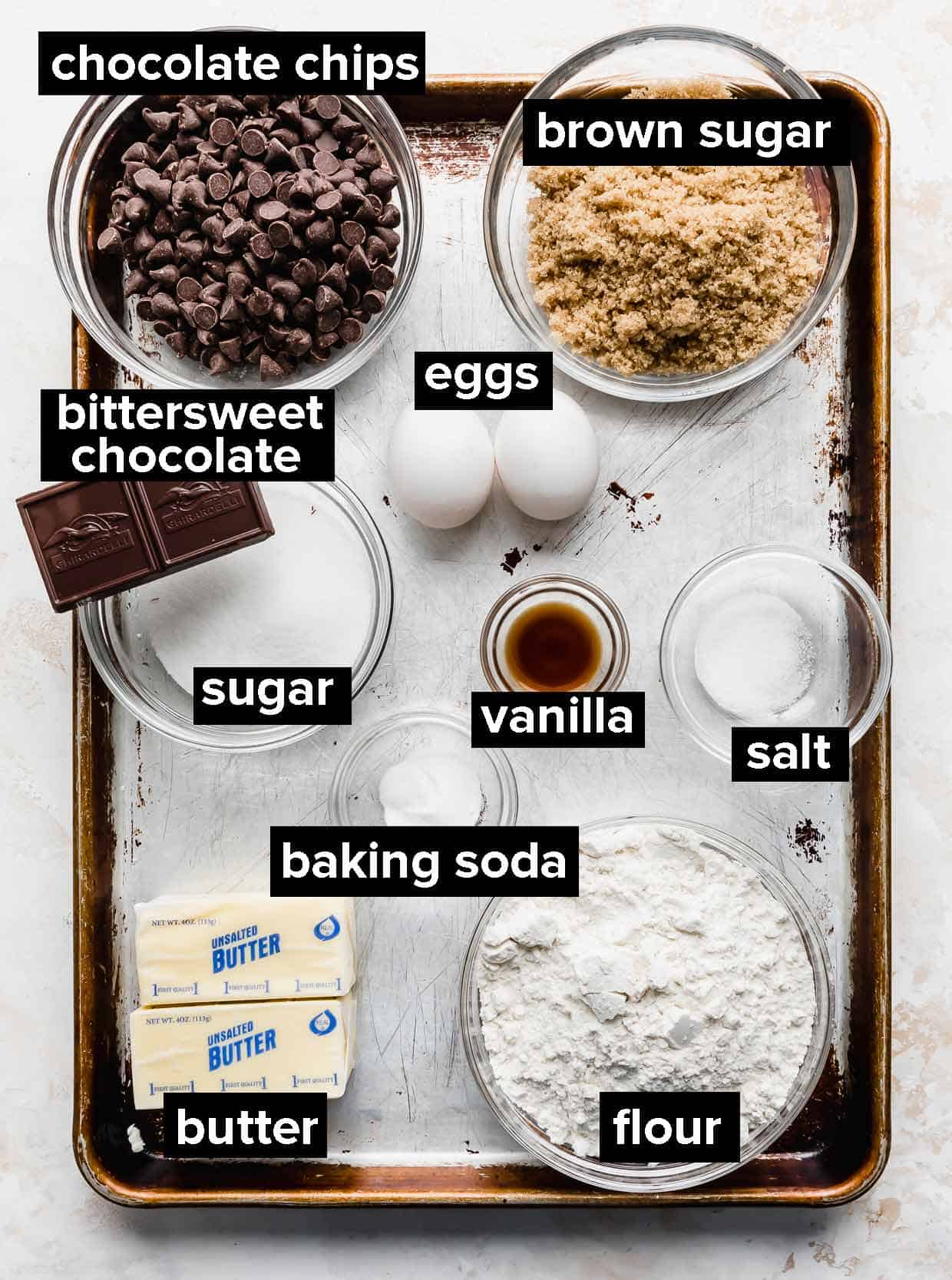 Ingredients used to make a brown butter chocolate chip skillet cookie, or a pizookie.