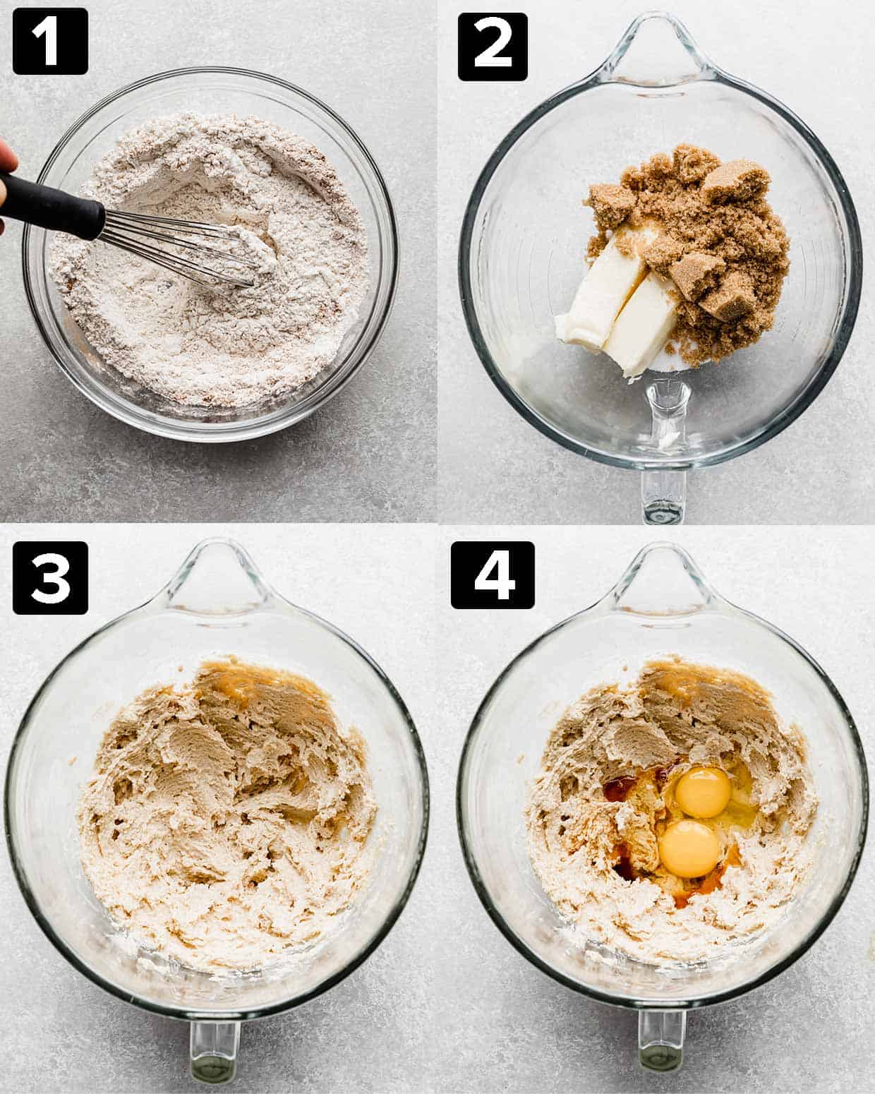 A 4 photo collage of a glass bowl and ingredients being mixed to make Oatmeal Butterscotch Cookies.