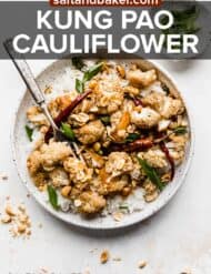 Roasted cauliflower topped with a sticky brown sauce.