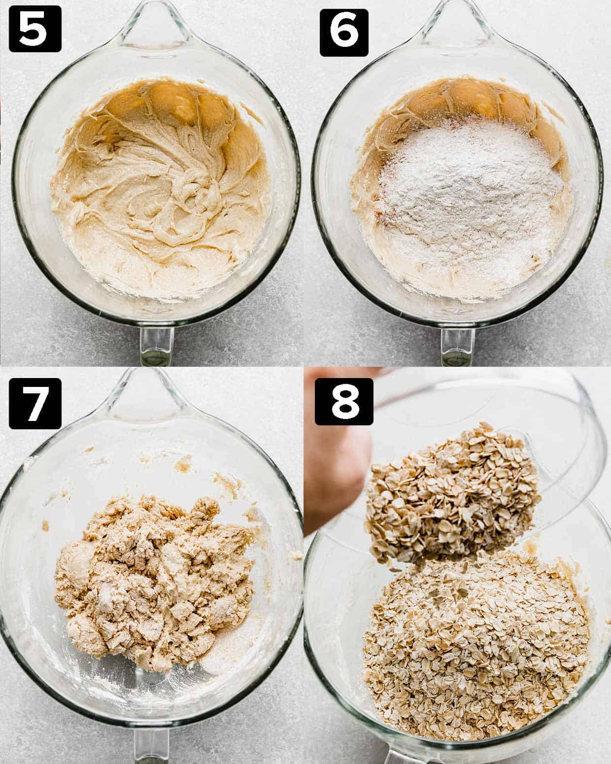 A four photo collage of a mixing bowl showing the step by step process of making Oatmeal Butterscotch Cookies.